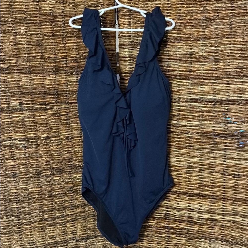 LOFT Navy Ruffle Keyhole One Piece Swimsuit